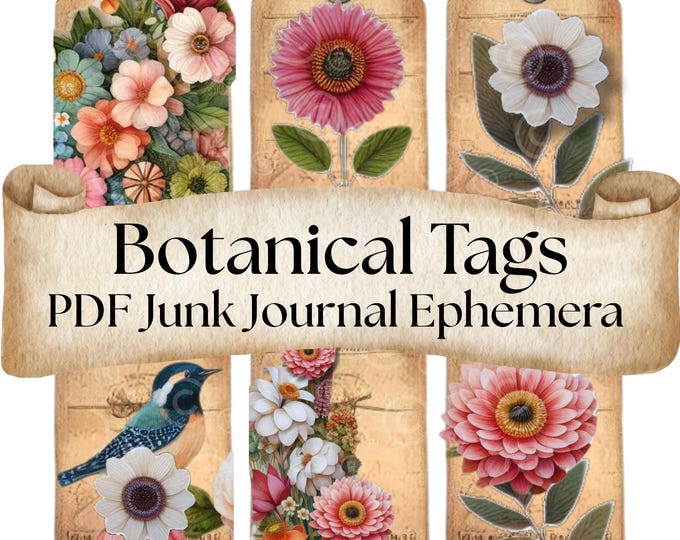 Printable Botanical Tags – Floral & Aged Paper Tags for Journals, Tea-Stained Digital Tags, Ephemera, Vintage Tags for Rustic Weddings