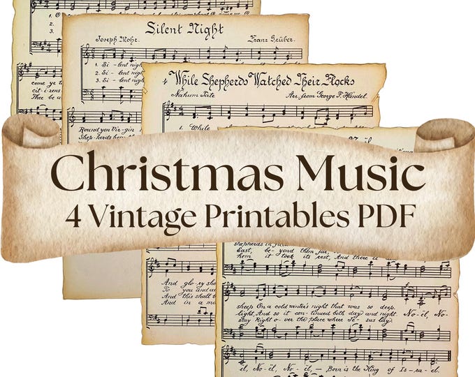 Vintage Christmas Music Printables – Antique Sheet Music, Holiday Junk Journal Ephemera, Silent Night vintage sheet music, Christmas hymns