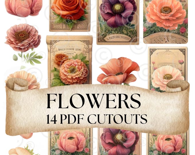 Flower Cutouts PDF, Flower Printables, Scrapbooks, Summer Flowers, Seeds, Flower Crafts, Garden Junk Journal Ephemera, Embellishments