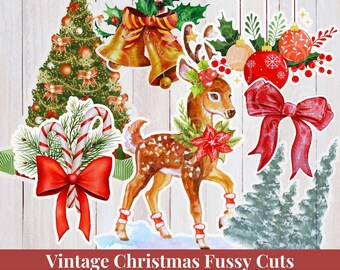 Puede incluir: Una colección de recortes navideños vintage. La imagen presenta un árbol de Navidad decorado, campanas doradas, un ciervo con adornos festivos, bastones de caramelo y lazos rojos. El texto "Vintage Christmas Fussy Cuts" está en la parte inferior.