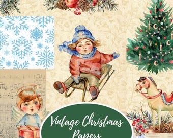 Vintage Christmas, Retro Holiday Printable Papers | PDF, 8.5x11 Inches - 10 Pages, Junk Journal Ephemera