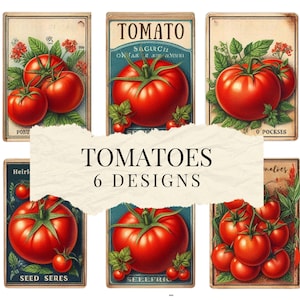 Peut inclure: Une collection de six cartes rectangulaires présentant des illustrations de style vintage de tomates rouge vif sur des vignes avec des feuilles vertes. Les cartes affichent divers textes dont TOMATO et 6 DESIGNS sur un papier central.