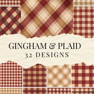 May include: A digital collection of 32 gingham and plaid patterns featuring various red, brown, and cream checkered designs. The image displays multiple square swatches of fabric-like textures with repeating grid motifs and the text GINGHAM & PLAID 32 DESIGNS.