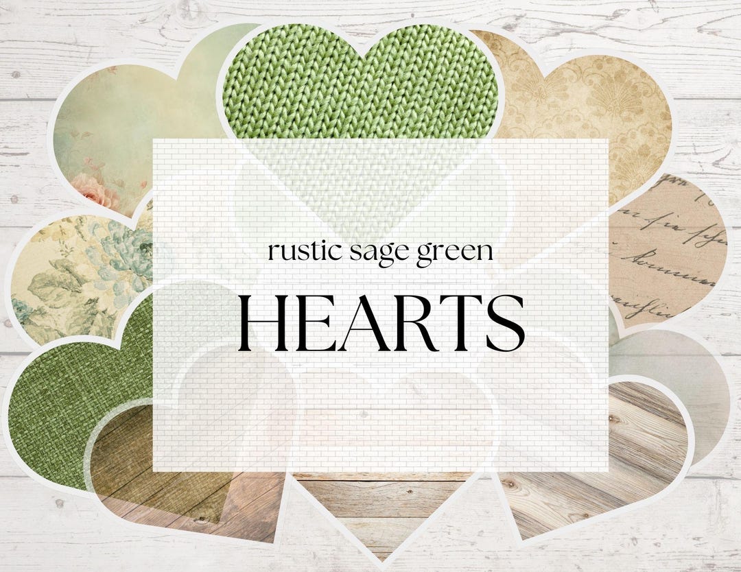 Rustic Sage Green Hearts Ephemera Kit Scrapbook Clip Art (JPG, PDF — free download
