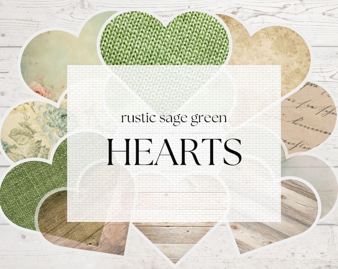 21 Rustic Hearts Sage Green Ephemera Kit JPG and PDF | Valentine Hearts Ephemera Scrapbook Clip Art | Sage Green Wedding Junk Journal | Love