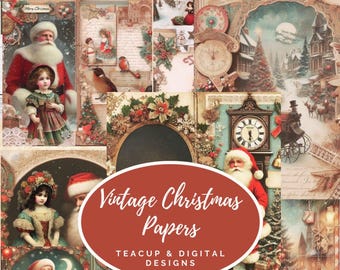 May include: A collage of vintage Christmas papers featuring Santa Claus, children, and winter scenes. The papers have a warm color palette with reds, greens, and browns. Text on the papers reads "Vintage Christmas Papers" and "Teacup & Digital Designs."