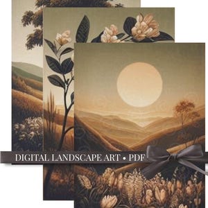 May include: Three digital landscape art prints featuring serene scenes in muted tones. The artwork includes rolling hills, trees, and a large sun. The text "DIGITAL LANDSCAPE ART • PDF" is displayed on a dark banner.