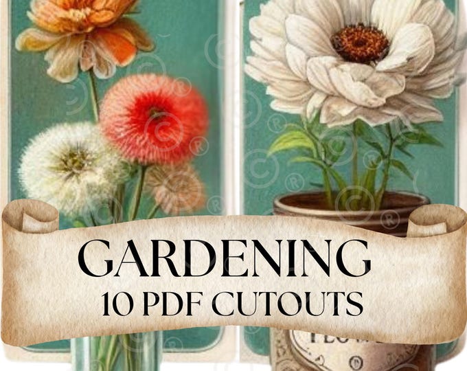 Gardening Cutouts PDF, Flower Printables, Daisies, Scrapbooks, Summer Flowers, Seeds, Flower Crafts, Garden Junk Journal Ephemera