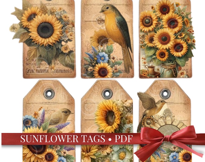 Sunflower Junk Journal Tags – Summer Garden Ephemera, Printable Vintage Floral Tags for Scrapbooking, Cottagecore Crafts & Journal