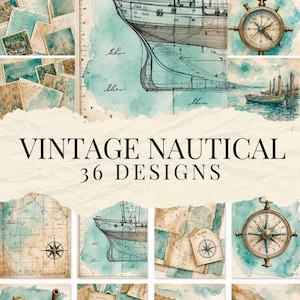 May include: A collection of 36 vintage nautical designs featuring watercolor illustrations of ships, compasses, maps, and coastal landscapes in shades of blue, beige, and brown, with the text VINTAGE NAUTICAL 36 DESIGNS printed in black.