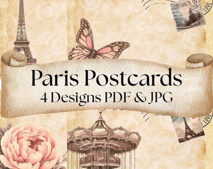 Paris Travel Postcards & Vintage Ephemera – Printable PDF and JPG, Junk Journal Supplies, Digital French Postcards, Pen Pal Letter Inserts