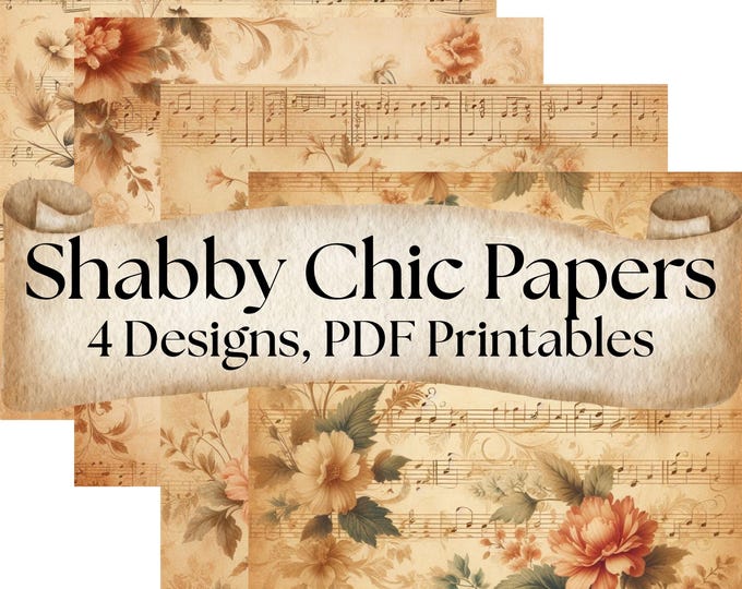 Shabby Chic Aged Paper Texture Background – Seamless Shabby Chic Floral Pattern with Vintage Tea-Stained Beige & Faded Sheet Music Overlay