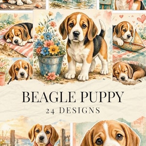 Puede incluir: Una colección de ilustraciones en acuarela que muestran cachorros beagle en diversos entornos, incluyendo flores, veleros y muelles de madera. El texto BEAGLE PUPPY 24 DESIGNS está centrado en la página, exhibiendo múltiples representaciones artísticas.