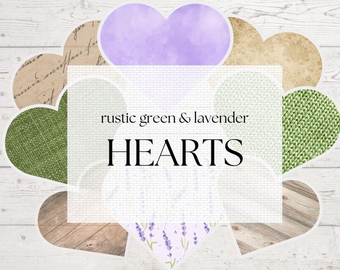 21 Rustic Hearts Lavender Sage Green Ephemera Kit JPGs | Valentines Hearts Ephemera Scrapbook Clip Art | Lavender Wedding Junk Journal