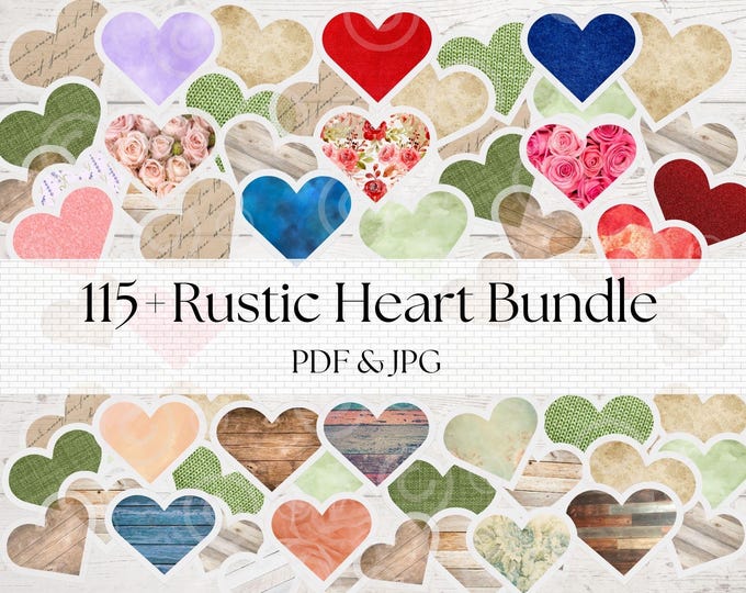 Hearts pdf and jpg, 115+ Hearts Ephemera Bundle, Rustic, Valentine Hearts, Scrapbook, Shabby Chic, Wedding, tag, Junk Journal Embellishments