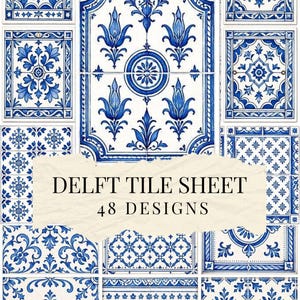 May include: A collection of square tiles featuring blue and white floral and geometric patterns. A central paper overlay displays the text DELFT TILE SHEET 48 DESIGNS. The tiles exhibit various symmetrical motifs, including petals, stars, and borders.