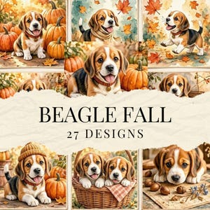 Puede incluir: Una colección de 27 ilustraciones estilo acuarela con cachorros beagle en entornos otoñales con calabazas, hojas de otoño y cestas de mimbre. El texto BEAGLE FALL 27 DESIGNS está centrado sobre un fondo de color crema con bordes rasgados.