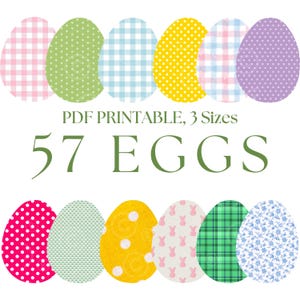 May include: 57 printable Easter egg designs in three sizes. The eggs feature various patterns, including polka dots, gingham, plaid, and floral designs in a variety of colors.