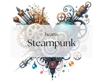 Steampunk Heart Clip Art, Valentines Gears Ephemera, Junk Journal Elements - PNG, JPG 2048x2048, Love Motif