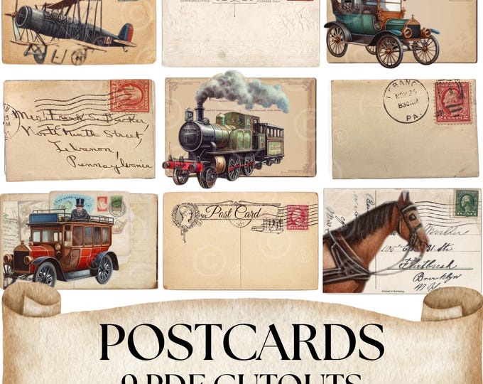 Vintage Postcards PDF Cutouts, Travel Postcards, Vintage Stamps, Digital Postcards, Junk Journal Ephemera, Vintage Transportation Postcards