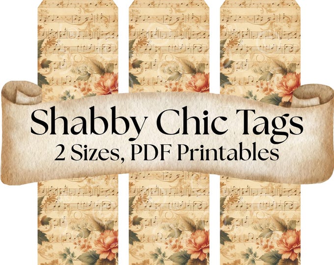 Shabby Chic Tags – Seamless Shabby Chic Floral Pattern with Vintage Tea-Stained Beige & Faded Sheet Music Overlay, Vintage Tags