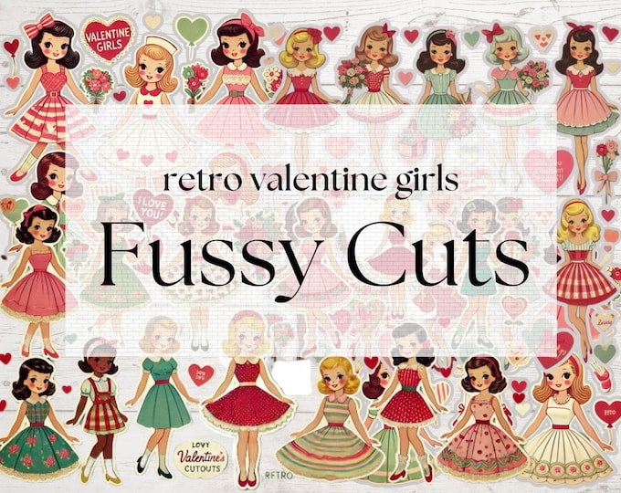 41 Retro Girls Fussy Cuts PDF, Retro cutouts, Love Ephemera, Retro Valentines, Retro paper dolls, Retro Junk Journal Fussy Cuts, Printables