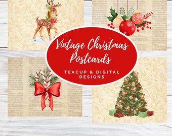 May include: Vintage Christmas postcards with festive illustrations. The postcards feature a reindeer, ornaments, candy canes, and a Christmas tree. The text on the postcards reads "Vintage Christmas Postcards" and "Teacup & Digital Designs". The background has a vintage paper texture.