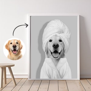 Custom Dog Portrait Wearing Towel Print, Animal in Bathtub, Funny Bathroom Art, Black and White, Personalized Pet Dog Gift Illustration