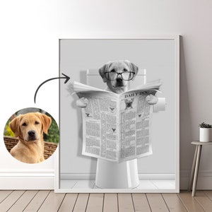 Ritratto di cane personalizzato che legge il giornale, animale nella vasca da bagno, stampa artistica divertente in bianco e nero per il bagno, arte personalizzata per cani, file digitale