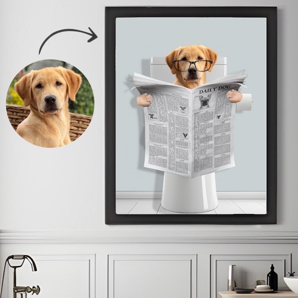 Custom Dog Portrait Read Newspaper Print, Animal in Bathtub, Funny Bathroom Art Print, Personalized Pet Dog Gift Illustration