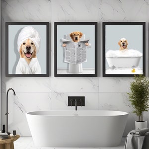 Custom Pet Portraits Set of 3, Pet in Bathtub, Funny Bathroom Art Print, Personalized Pet Dog Mom Gift Illustration