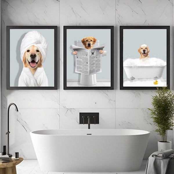 Ensemble de 3 portraits d'animaux de compagnie personnalisés, animal de compagnie dans la baignoire, impression d'art drôle de salle de bain, illustration personnalisée de cadeau de maman de chien de compagnie