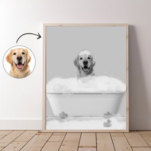 Custom Dog Portrait in Bathtub Print, Animal in Bathtub, Funny Bathroom Art Print, Personalized Black and White Pet Dog Gift Illustration