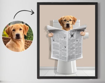 Custom Dog Portrait, Funny Bathroom Newspaper Art (Digital Illustration)