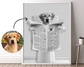 Custom Dog Portrait Read Newspaper, Animal in Bathtub, Funny Bathroom Black and White Art Print, Personalized Dog Art, Digital File