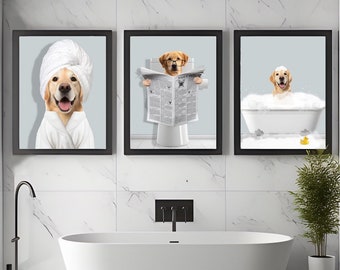 Custom Pet Portraits Set of 3, Pet in Bathtub, Funny Bathroom Art Print, Personalized Pet Dog Mom Gift Illustration, Digital Files