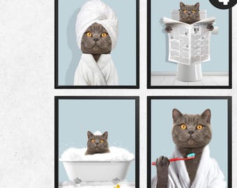 Custom Cat Bathroom Art Prints, Set of 4, Funny Cat Mom Gift (Digital Files)