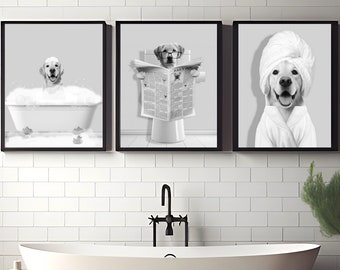 Custom Digital Pet Portraits Set of 3, Pet in Bathtub, Black and White, Dog Bathroom Art Print, Personalized Dog Gift, Digital Files