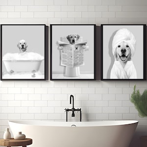 Custom Digital Pet Portraits Set of 3, Pet in Bathtub, Black and White, Dog Bathroom Art Print, Personalized Dog Gift, Digital Files