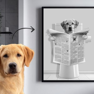 Custom Pet Portrait Dog Reads Newspaper Art, Black and White, Digital Pet Portrait, Funny Bathroom Art, Pet In Toilet Print