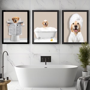 Custom Pet Portraits Set of 3, Pet in Bathtub, Funny Bathroom Art Print, Personalized Pet Dog Mom Gift Illustration