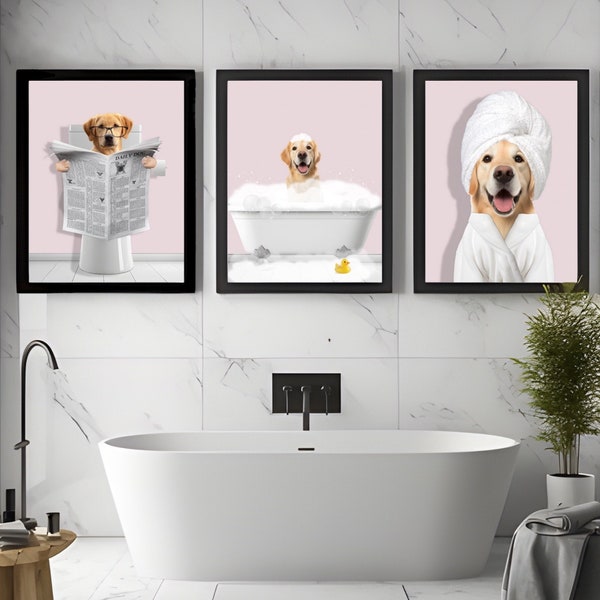 Custom Pet Portraits Set of 3, Pet in Bathtub, Funny Bathroom Art Print, Personalized Pet Dog Mom Gift Illustration