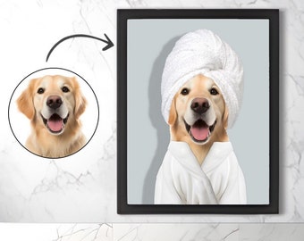 Custom Dog Portrait Print, Funny Pet in Towel, Bathroom Art (Digital File)