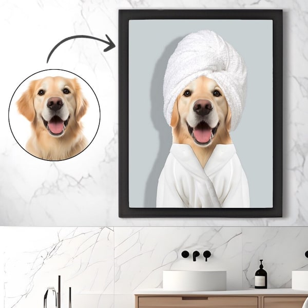 Custom Dog Portrait Wearing Towel Print, Animal in Bathtub, Funny Bathroom Art Print, Personalized Pet Dog Gift Illustration