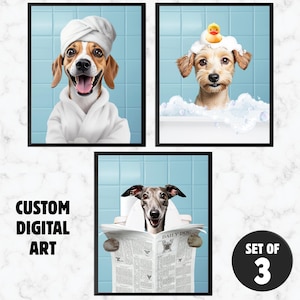 Custom Bath Dog Portraits Set of 3, Pet in Bathtub, Funny Bathroom Art Print, Personalized Pet Dog Mom Gift Illustration, Digital Files
