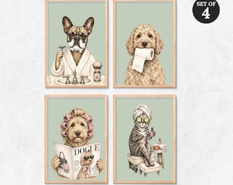 Custom Pet in Bathtub Portrait Set of 4, Funny Dog Bathroom Art Sympathy Gift (Digital Files)