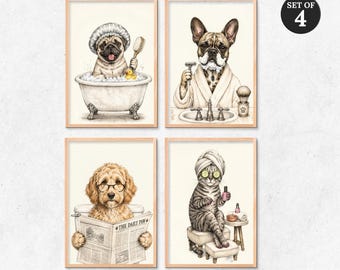 Custom Pet in Bathtub Portrait Set of 4, Funny Dog Bathroom Art Memorial Gift (Digital Files)