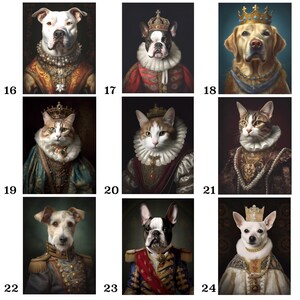 Pu&ograve; includere: Una collezione di ritratti reali di animali domestici. Ogni ritratto presenta un cane o un gatto vestito con abiti reali, tra cui corone, collari ornati e abiti elaborati. Gli animali sono raffigurati su uno sfondo scuro, creando un'estetica classica ed elegante.