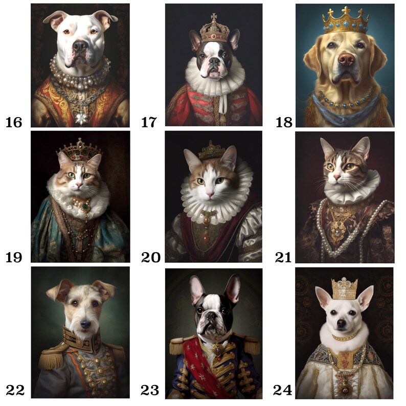Pu&ograve; includere: Una collezione di ritratti reali di animali domestici. Ogni ritratto presenta un cane o un gatto vestito con abiti reali, tra cui corone, collari ornati e abiti elaborati. Gli animali sono raffigurati su uno sfondo scuro, creando un'estetica classica ed elegante.