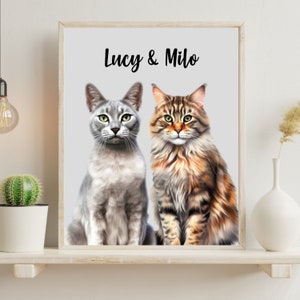 Op de afbeelding: Een digitale schildering van twee katten, Lucy en Milo, die naast elkaar zitten. De kat links is grijs en wit, terwijl de kat rechts bruin en wit is met lange vacht.